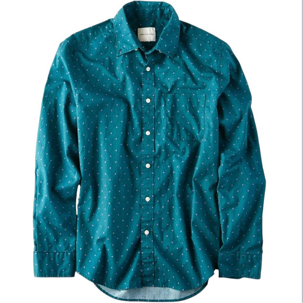 AE Mens Poplin Button Down Long Sleeve Print Casual Dress Shirt Fresh Teal Sz M